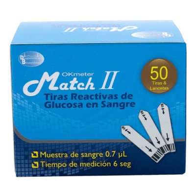OKMETER MATCH II TIRAS DE GLUCOMETRIA (50 TIRAS + 50 LANCETAS) CAJA X 50 UNID