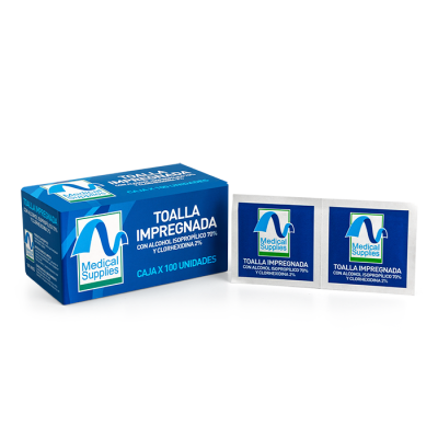 TOALLA IMPREGNANDA CON ALCOHOL ISOPROPILICO 70% Y CLORHEXIDINA AL 2% CJA X 100 UND